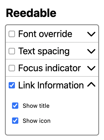 Link information panel showing Show title and Show icon checkboxes